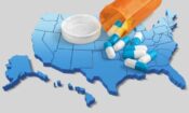 Map of the US and with pills scattered on it showing the Opioid Epidemic