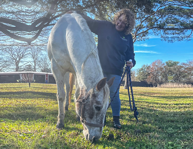 staff at Kemah Palms Rehab in Houston petting a horse during equine therapy