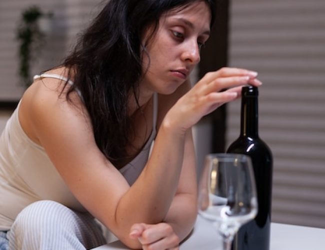 young adult drinking wine alone kitchen